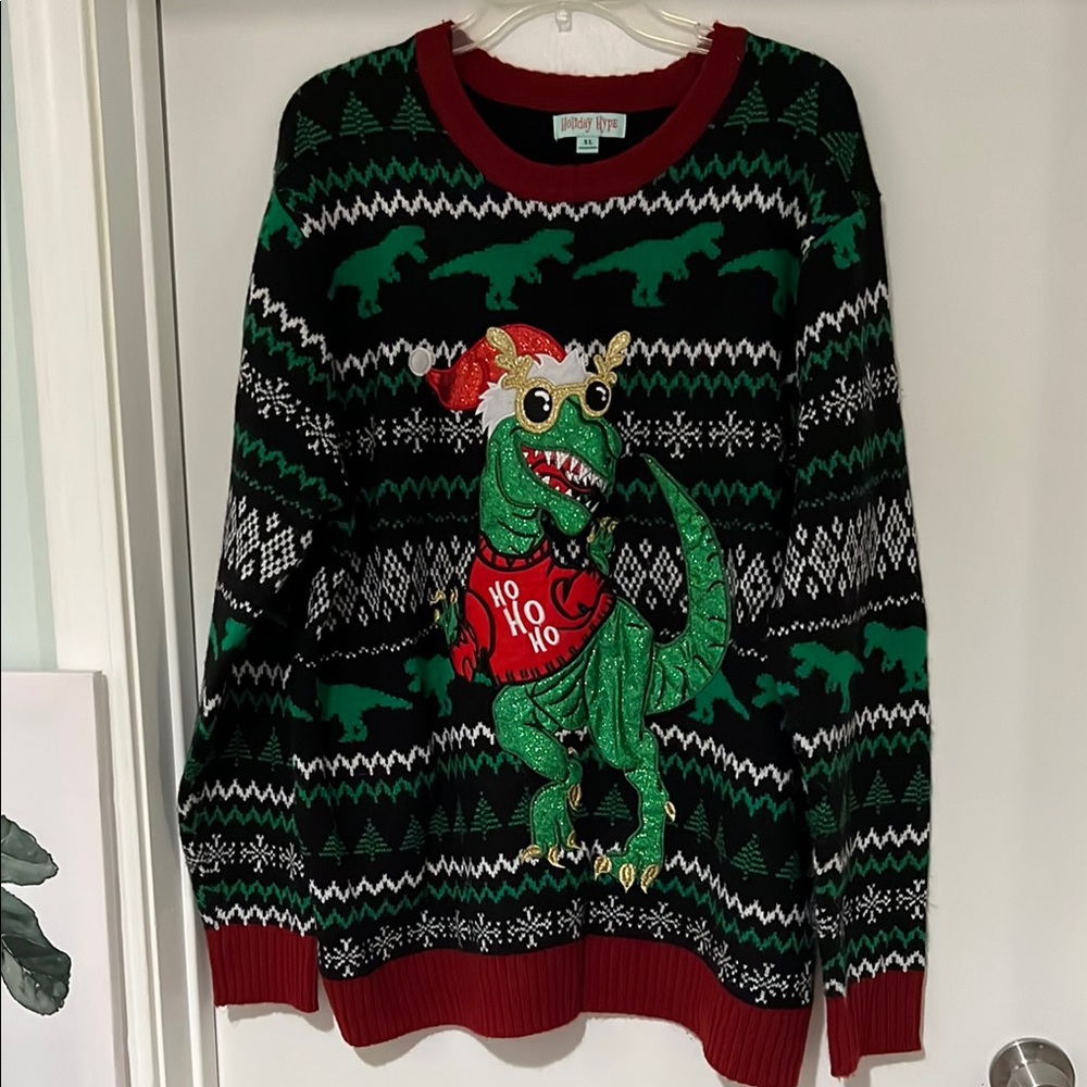 Men's Dinosaur Christmas Sweater - Black and Green Size XL Tyrannosaurus Rex